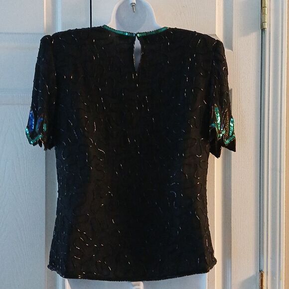 Denise Elle black  blue green beaded sequin vintage blouse  Sz PM - Picture 4 of 9